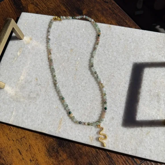 Multicolor Gemstone Beaded Necklace with Gold Snake Charm - Picture 2 of 5